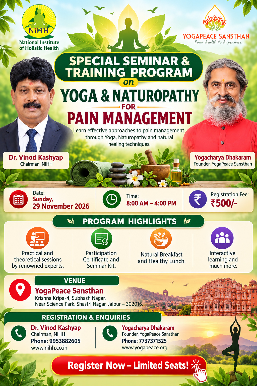Poster for NIHH's Yoga and Naturopathy for Pain Management seminar